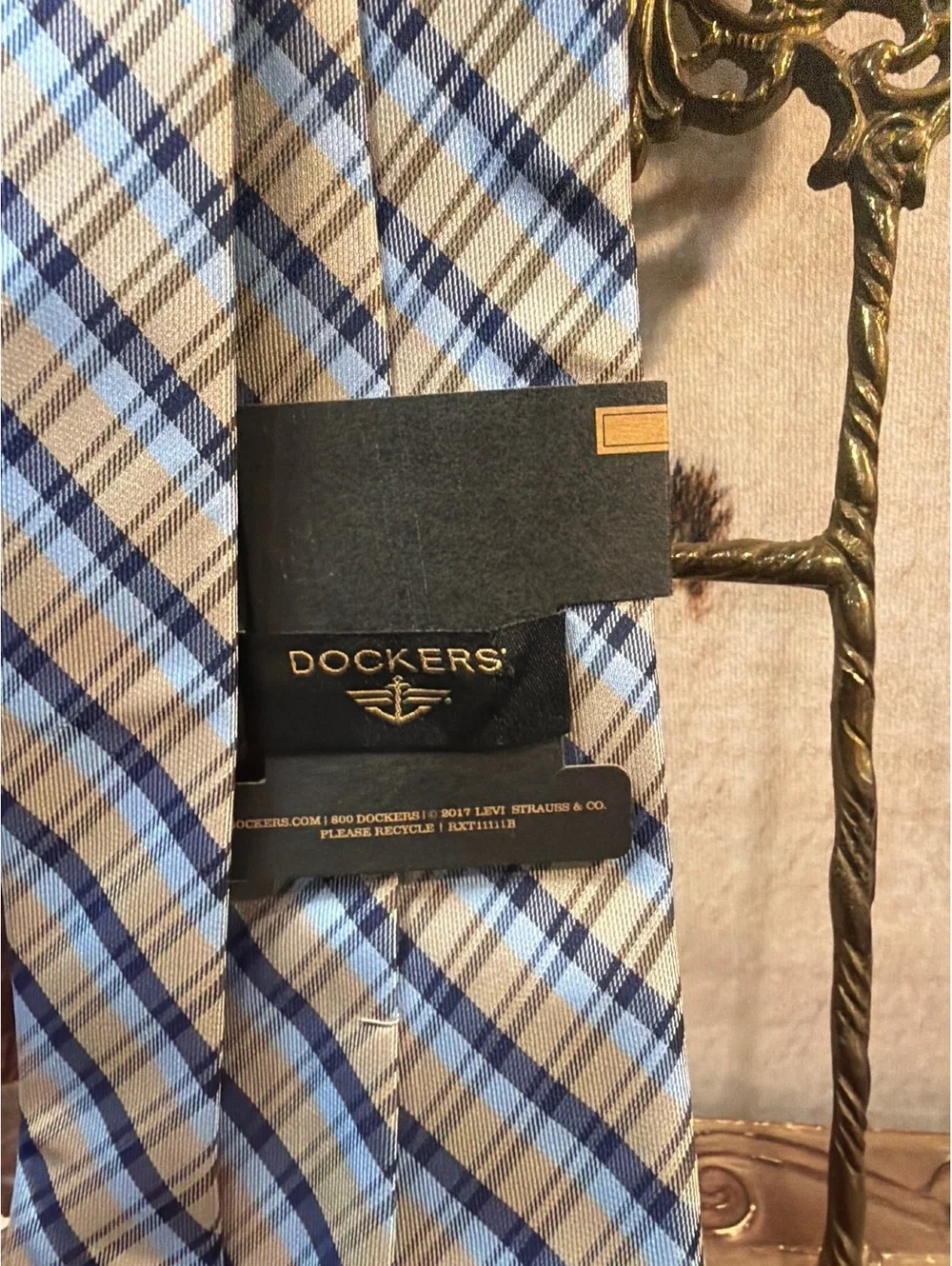 Dockers Classic Plaid Men's Tie Blue and Tan Cotton Blend
